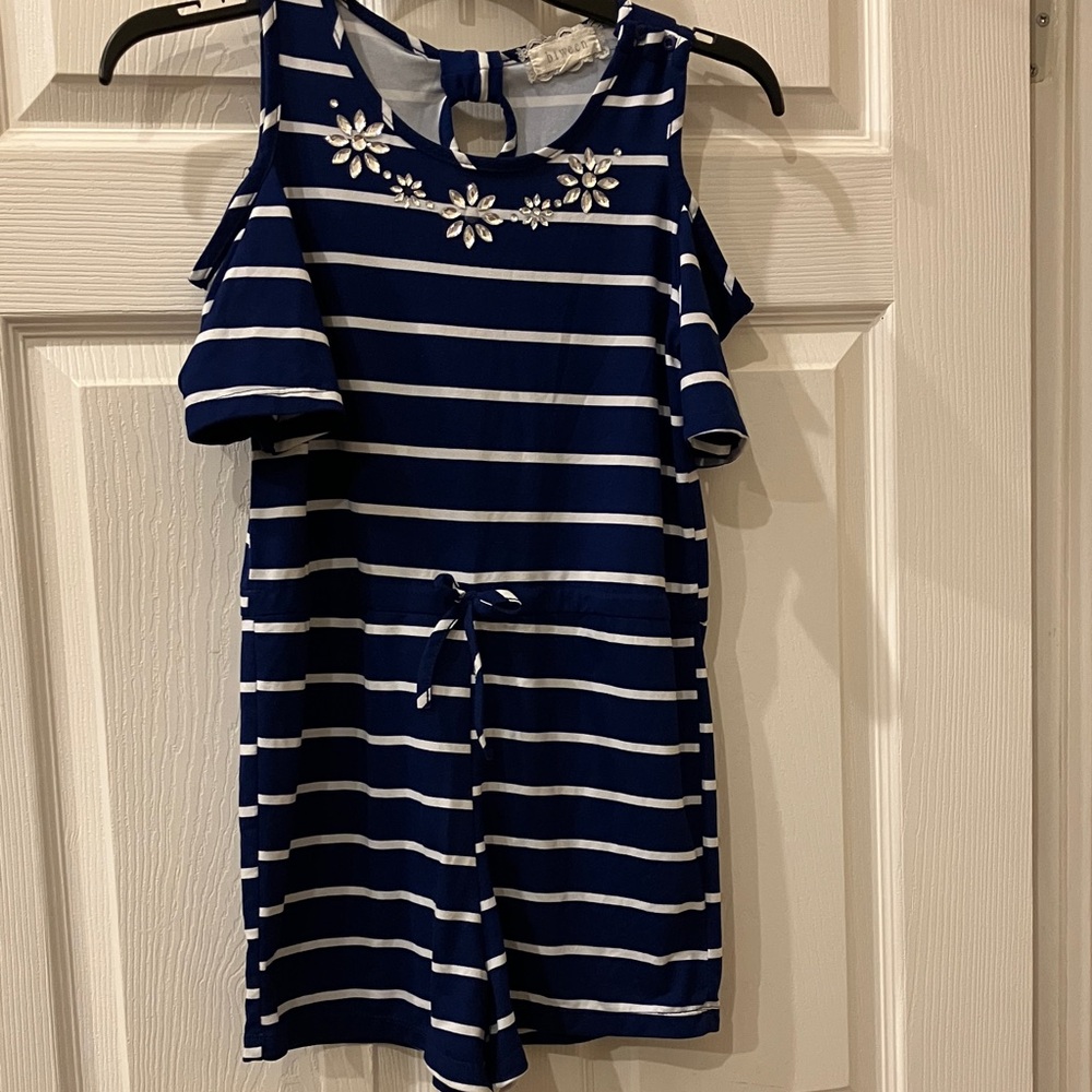 btween Navy and White Striped Cold-Shoulder Dress with Jewel Embellishment